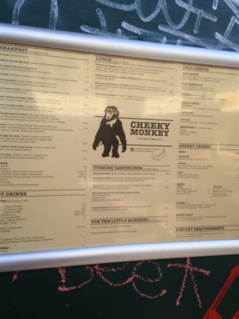 Menu at Cheeky Monkey cafe, Richmond