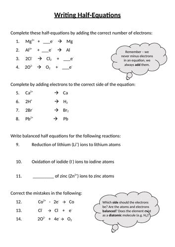 Electrolysis Half Equations Worksheet (2 versions) | Teaching Resources