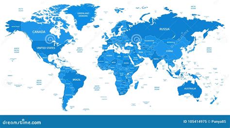 Detailed World Map with Borders, Countries, Water Objects Stock Vector - Illustration of ...