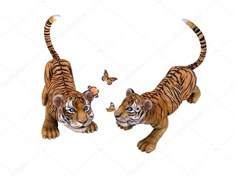 Two cute tiger cubs playing with butterflies — Stock Photo © ladybirdannad #26685627