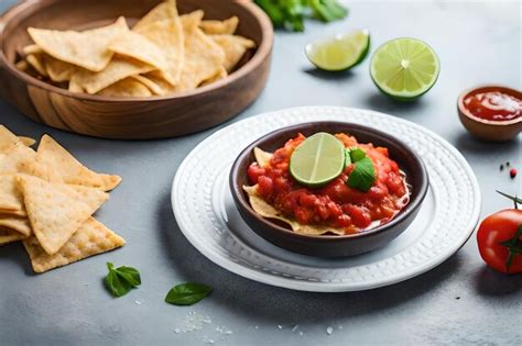 Premium Photo | A bowl of salsa with chips and chips