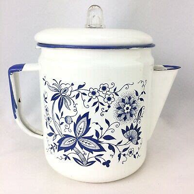 Vintage White Enamel Coffee Pot Delft Blue Floral Design & Glass Percolator Top | eBay | White ...