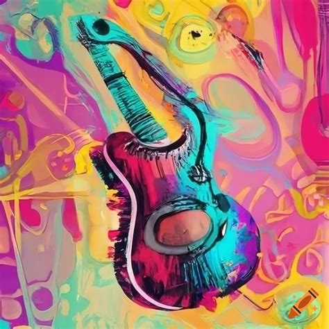 Electric guitar with black and white stripes and colorful psychedelic design on Craiyon