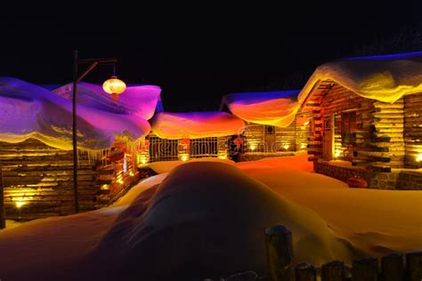 The Night Scene of Snow Village in Heilongjiang Stock Photo - Image of harbin, piles: 108153988