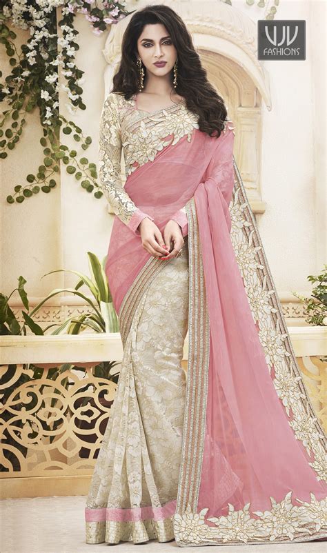 Impressive Pink Lace Work Net Designer And Party Wear Saree | Indian ...