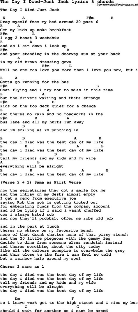 Love Song Lyrics for:The Day I Died-Just Jack with chords.