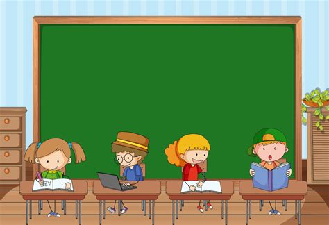 Empty blackboard in classroom scene with many kids doodle cartoon ...