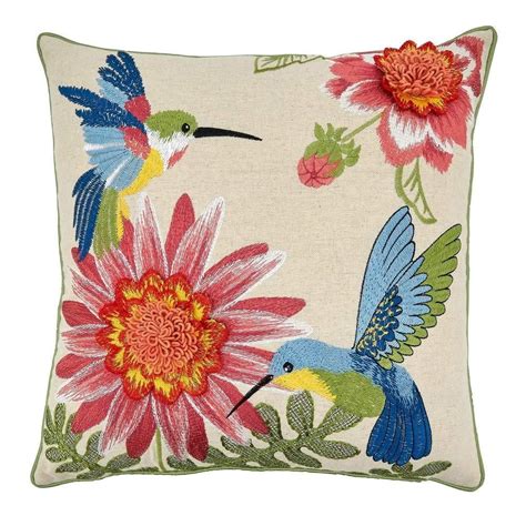 Embroidered Hummingbirds & Flowers Cotton-Linen Decorative Throw Pillow ...