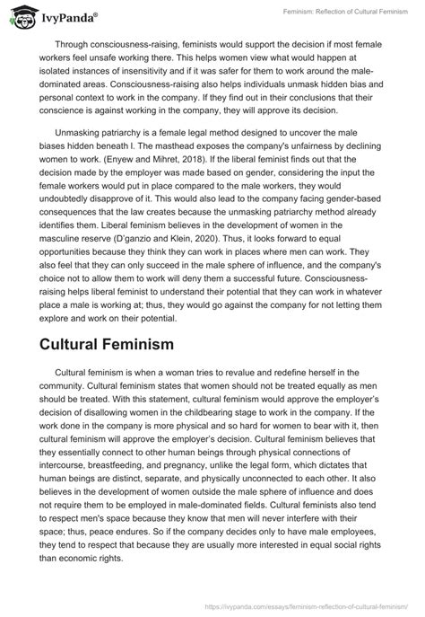 Feminism: Reflection of Cultural Feminism - 1060 Words | Essay Example