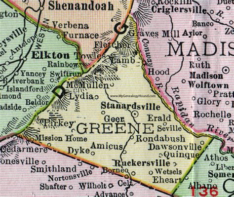 Greene County, Virginia, Map, 1911, Rand McNally, Stanardsville, Ruckersville, Quinque