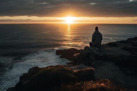 Premium Photo | A man sits on a cliff watching the sunset.