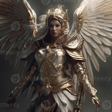 Fantasy female warrior in a golden armor with a crown and wings. Character design. 23458109 ...