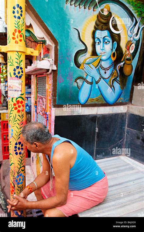 India, Rajasthan State, Jodhpur, the blue city, wall painting with Shiva Hindu God Stock Photo ...