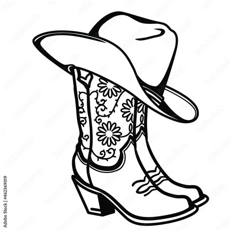 Cowboy boots and cowboy hat with flowers decoration. Cowgirl boots vector black graphic ...