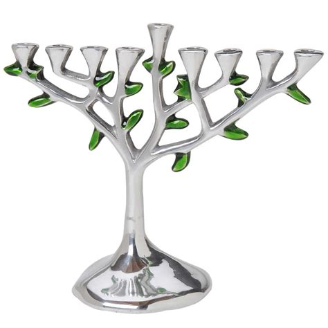 Aluminum Tree Of Life Menorah With Green Leaves