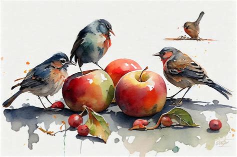 Premium Photo | Fruit and birds poster, fruit drawing, birds arts, birds illustrations, birds ...