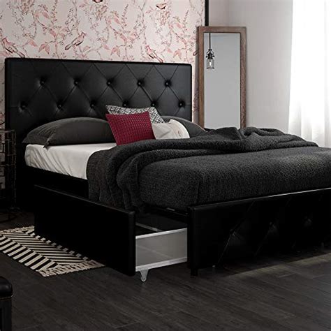 DHP Dakota Upholstered Platform Bed with Storage Drawers, Black Faux Leather, Queen