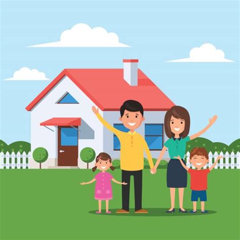 Royalty Free Cartoon Of Happy Family Front House Clip Art, Vector Images & Illustrations - iStock