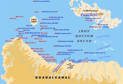 Chart of Iron Bottom Sound showing Tulagi (off Florida Island) and location of final resting ...