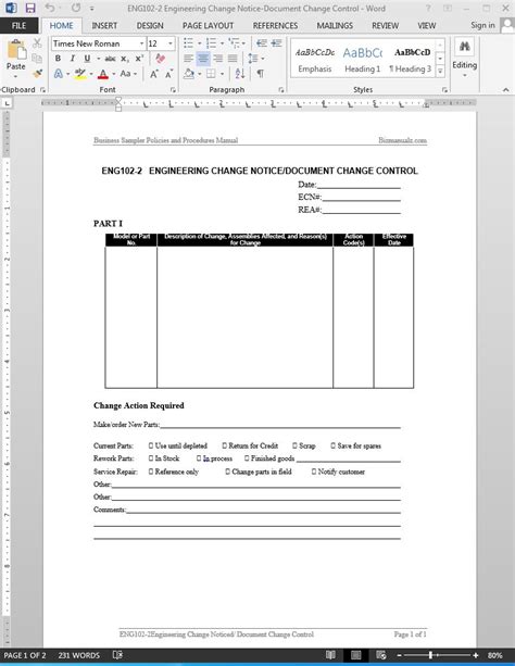 Engineering Change Notice Document Change Control Template Word