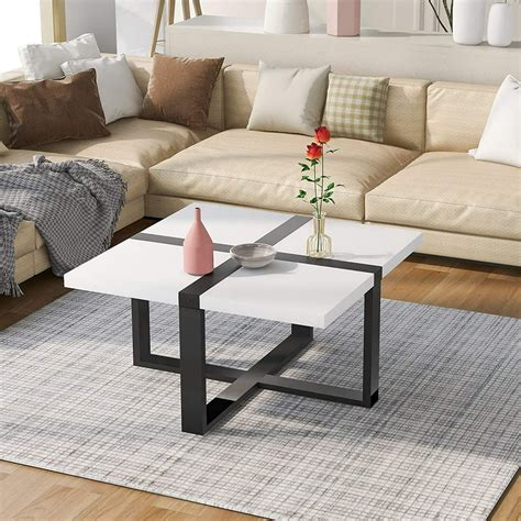 VANELC 37.4-inch Solid Wood Farmhouse Coffee Table with Crossed-Shape Table Top & Metal Legs ...