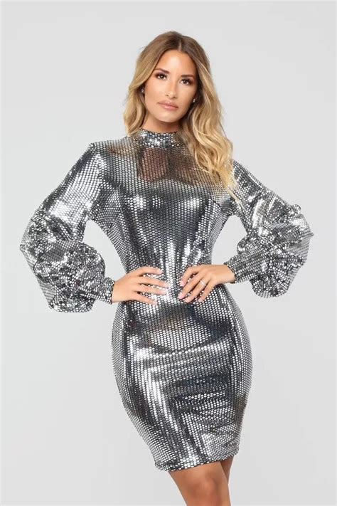 2018 Newest silver Sequined Women o neck long sleeve dress elegant vestidos Bodycon Celebrity ...