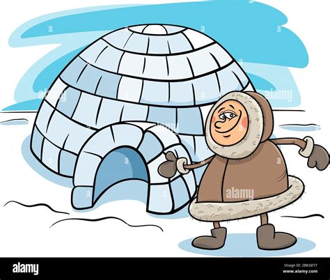 Cartoon Illustration of Funny Eskimo or Lapp Man with his Igloo House Stock Vector Image & Art ...