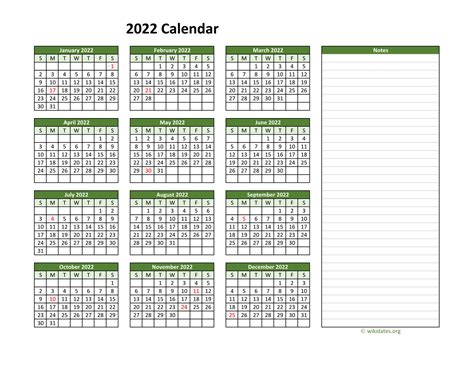 Yearly Printable 2022 Calendar with Notes | WikiDates.org