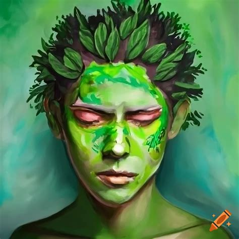 Painting of a man with green plant-hair