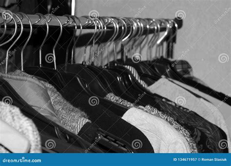 Clothes on a Hanger. Black and White Photo Stock Image - Image of ...