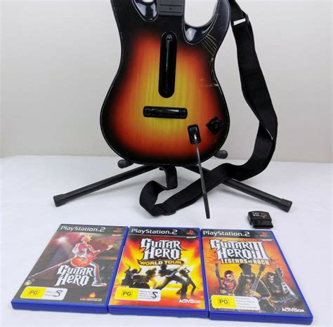 Playstation 2 Ps2 Wireless Guitar Hero Controller + Dongle + 3x Games ...