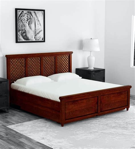 Buy Krisa Solid Wood King Size Bed With Drawer Storage In Honey Oak Finish By Mudramark Online ...