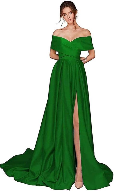 DELEND Women Sexy Off Shoulder Prom Dress Long Satin Party Dress Empire ...