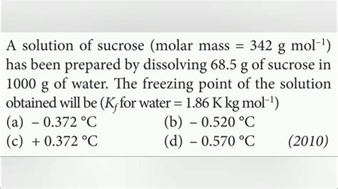 A solution of sucrose (molar mass = 342 g/mol) has been prepared by dissolving 68.5 g of sucrose ...