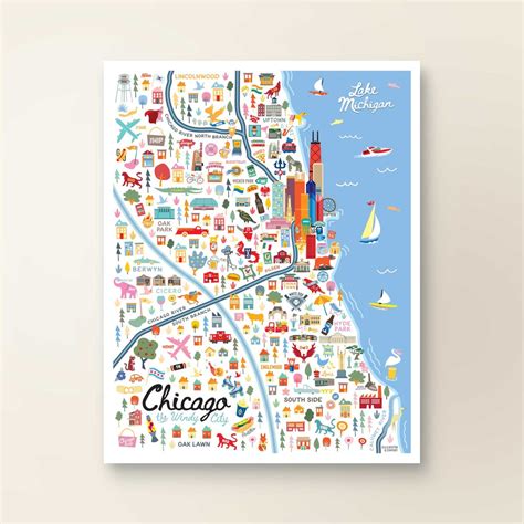 CHICAGO IL Map Art Wall Decor City Map Chicago Illinois Chicago Art Print Poster Whimsical ...