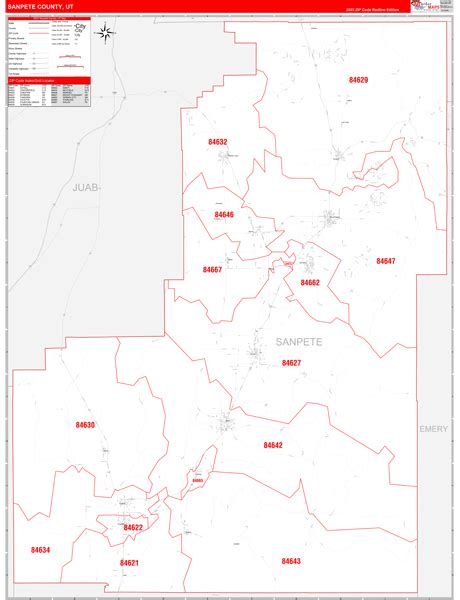 Sanpete County, UT Zip Code Wall Map Red Line Style by MarketMAPS - MapSales