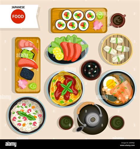 Japanese Food Top View Set. Japanese Food Vector Illustration. Japanese ...