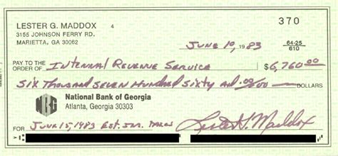 Governor Lester G. Maddox - Autographed Signed Check 06/10/1983 ...