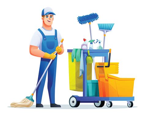 Cheerful cleaning man with mop and cleaning equipment. Male janitor cartoon character 21488629 ...