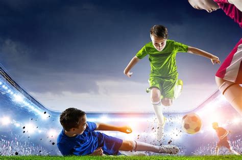 Premium Photo | Kids on a soccer stadium. Mixed media