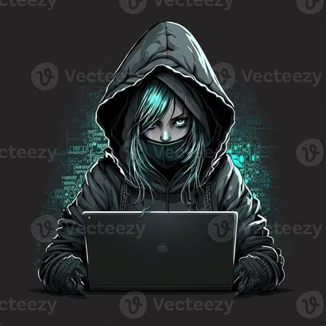 Cute girl hacker with laptop. Avatar in cartoon style. Balck backdrop ...