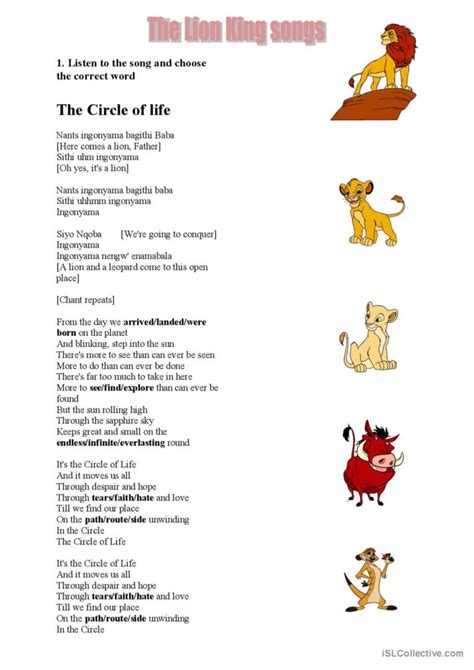 the Lion King Songs nursery rhyme an…: English ESL worksheets pdf & doc