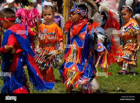 Young children Native Indian dancers in tiny tots competition at Six Nations Reserve Pow Wow ...