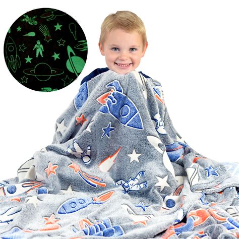 Space Blanket Glow in the Dark Luminous Astronaut Blanket for Kids - Soft Plush Star Space Ship ...