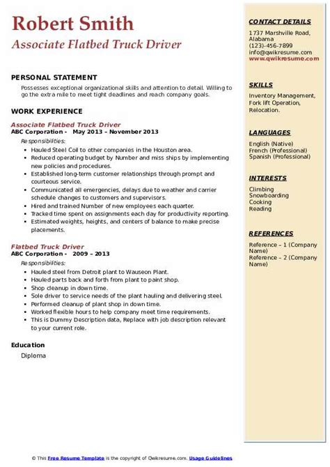 Flatbed Truck Driver Resume Samples | QwikResume