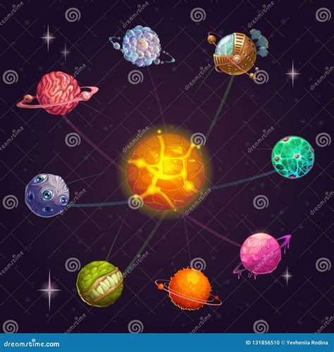 Fantasy Alien Solar System with Star and Unusual Planets. Vector Space Illustration. Stock ...