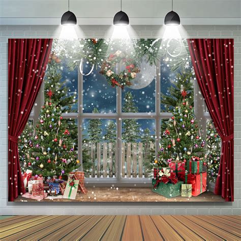 Lofaris Snowy Christmas Trees With Gifts Red Curtain Backdrop