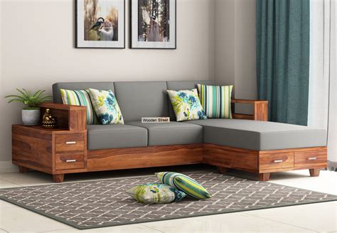 Buy Solace L-Shaped 3 Seater Wooden Sofa with Washable Zipper Cover (Honey Finish) Online in ...
