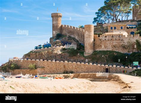 Tossa de Mar, Spain - October 13: Tourist at the beach and medieval ...