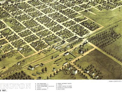 Bloomington, Illinois in 1867 - Bird's Eye View, Map, Aerial, Panorama, Vintage, Antique ...